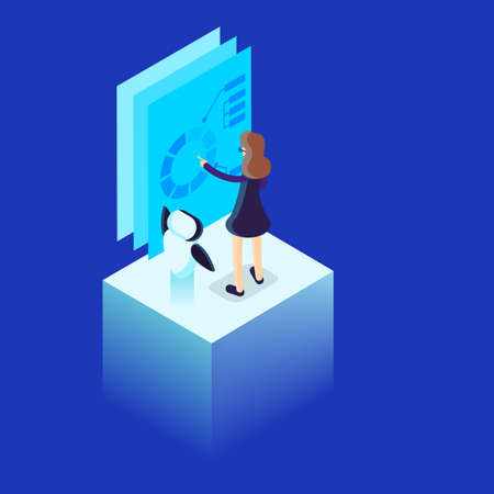 Business concept. Work wih data and financial operations. Audit, brainstorm and strategy. Modern technology and artificial intelligence. Isolated vector isometric illustrationのイラスト素材