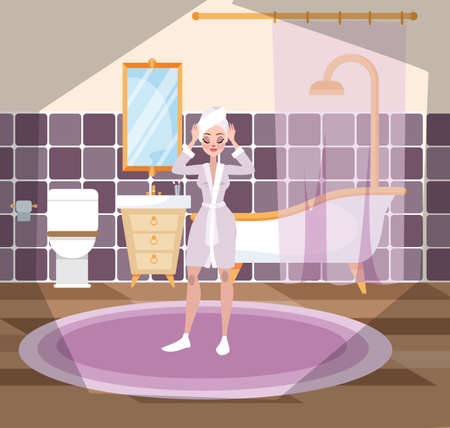 Woman standing in the hotel bathroom after the shower. Luxury furniture inside. Clean toilet and bath, mirror and sink. Vector illustration in cartoon styleのイラスト素材