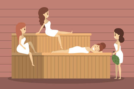 Woman in sauna. Wooden bathhouse. Spa and relaxのイラスト素材