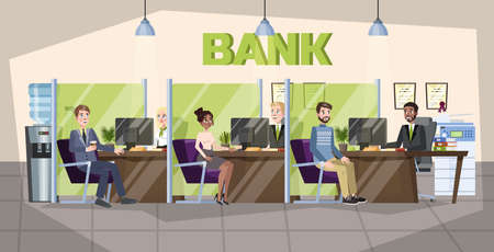 Bank office interior. People make financial operations. Currency exchange, credit and consulting. Client sitting at counter. Vector illustration in cartoon styleのイラスト素材