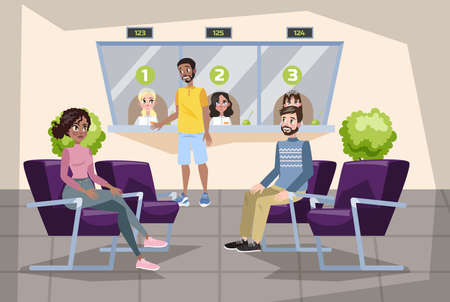 Bank office interior. People wait in queue to make financial operations. Currency exchange, credit and consulting. Cashier window. Vector illustration in cartoon styleのイラスト素材