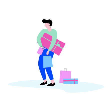 Person with bag and gift box. Big saleのイラスト素材