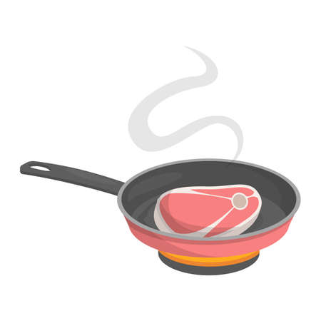 Homemade meat food for lunch or dinner. Tasty delicious beef slice. Cooking process on frying pan. Isolated vector illustration in cartoon styleのイラスト素材