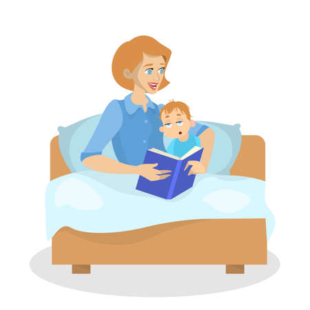 Mother reading book for a kid at bedtime. Woman telling tales from the story book. Baby boy is sleepy. Isolated vector illustration in cartoon styleのイラスト素材