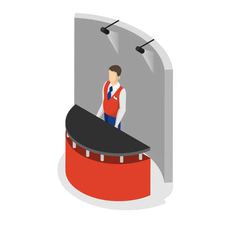 Sale assistant. Salesman in the shop standing at the counter. Retail, market and promotion.Isolated vector isometric illustrationのイラスト素材