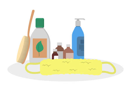Bathroom equipment for hygiene. Shampoo bottle for hair and shower gel. Isolated flat vector illustrationのイラスト素材