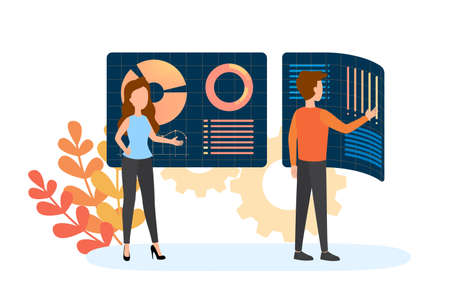 Business data analysis and analytics concept. Chart and graph, diagram research. Making report for optimization. Vector flat illustrationのイラスト素材
