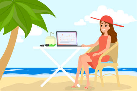 Freelance concept. Woman sitting on the chaise lounge under the palm tree and working remotely. Working online as designer, programmer or artist. Isolated flat vector illustrationのイラスト素材