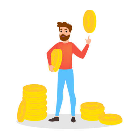 Businessman with money. Happy successfull man stand at a pile of money. Financial well-being. Isolated vector illustration in cartoon styleのイラスト素材