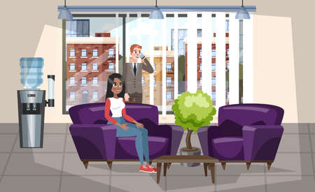 Office or bank waiting room interior. Modern furniture in the hall. Woman waiting and sitting in armchair. Business company comfortable lobby. Vector illustration in cartoon styleのイラスト素材