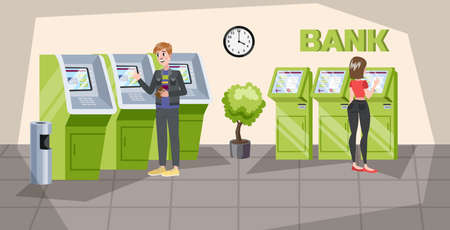 People standing in bank office at ATM. Making money transaction in automatic machine. Operation with currency. Person withdraw money. Vector illustration in cartoon styleのイラスト素材