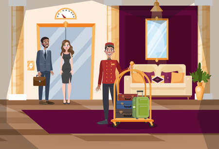 Hotel hall or corridor interior. Worker in uniform with baggage. Luxury furniture in the room. People stand at the elevator. Vector illustration in cartoon styleのイラスト素材