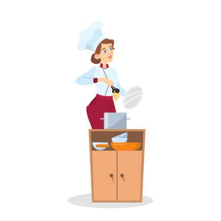 Restaurant chef cooking. Woman in apron making tasty dishのイラスト素材