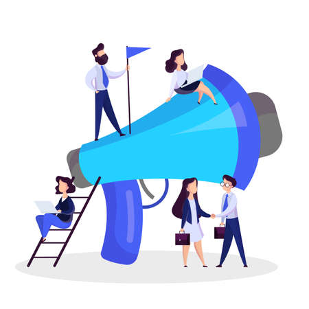 Little people standing around a giant megaphone.のイラスト素材