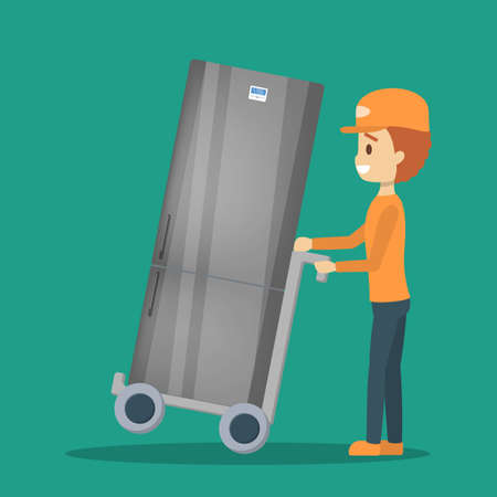 Delivery man in uniform with refrigerator. Courierのイラスト素材