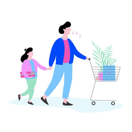 Man walking with shopping cart. Shopaholic conceptのイラスト素材