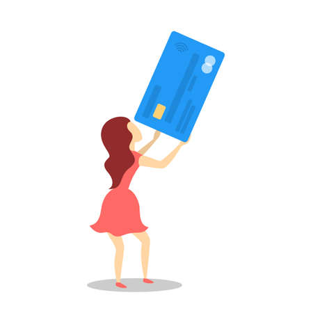 Woman in red dress holding big blue credit card.のイラスト素材