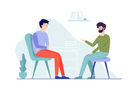 Sad man sitting on the chair talking to male psychologistのイラスト素材