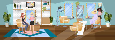 Female hairdresser making haircut for client sitting on the chair in front of mirror. Girl doing makeup for client. Beauty salon fashion interior. Vector illustration in cartoon styleのイラスト素材