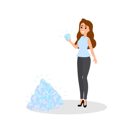Woman holding a big diamond. Success and finance wealth concept. Happy businesswoman with brilliant. Isolated flat vector illustrationのイラスト素材