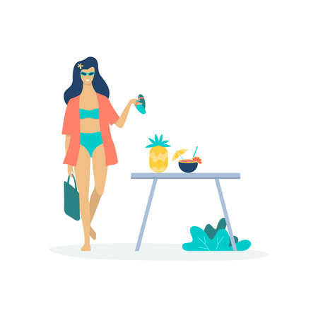 Woman in swimsuit with fresh cocktail. Summer on the beach. Beautiful female character. Sweet beverage on the table. Vector illustration in cartoon styleのイラスト素材