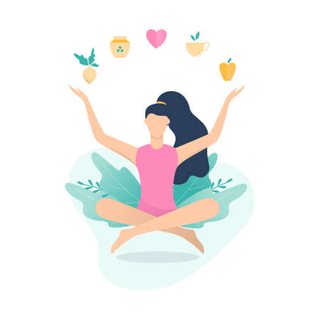 Healthy lifestyle infographic. Sport and fitness, healthy diet. Tips for good lifestyle. Girl in lotus pose. Isolated vector illustration in cartoon styleのイラスト素材