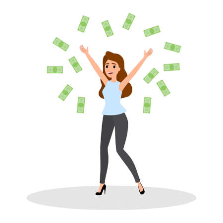Business woman with money. Happy successfull woman jumping with money banknotes. Financial well-being. Isolated vector illustration in cartoon styleのイラスト素材