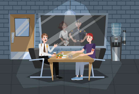 Police station building interior. Police officer in uniform working. Detective in office make investigation and interrogation with suspect. Vector illustration in cartoon styleのイラスト素材