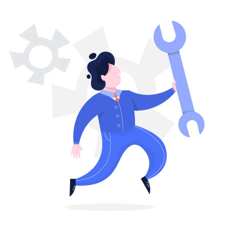 Businessman in suit holding a large wrench. Idea of fix and repair. Engineer with equipment. Isolated flat vector illustrationのイラスト素材