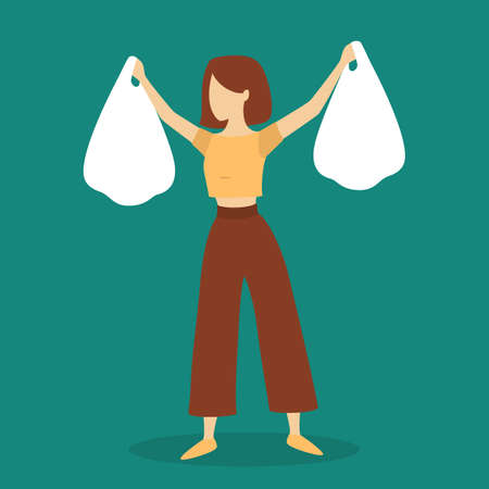 Woman holding two shopping bags. Shopaholic concept. Big sale and discount in the store. Purchasing everything. Isolated flat vector illustrationのイラスト素材