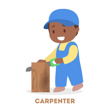 Child play as a carpenter. Boy in the uniform cut wood. Kid with tool smiling. Isolated flat vector illustrationのイラスト素材
