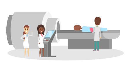 MRI process. Young child lying in the MRI machine. Doctor making magnetic resonance imaging. Medical observation and healthcare. Vector flat illustrationのイラスト素材
