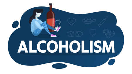 Alcoholism concept. Person chained to the glass bottle of drink. Alcohol addiction and danger for health. Vector illustration in cartoon styleのイラスト素材