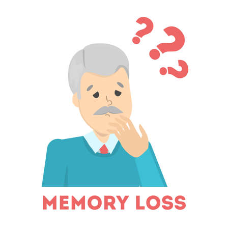Old man suffering from the memory loss. Confused person with question mark above. Dementia, alzheimer disease symptom. Isolated vector illustration in cartoon styleのイラスト素材
