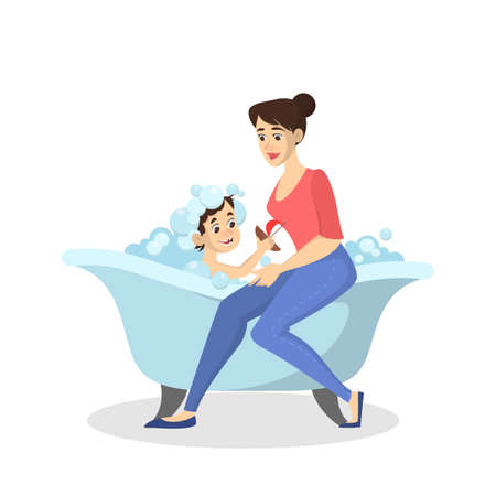 Mother wash boy in the bath. Baby bathing. Idea of health and hygiene. Bubble bath. Isolated vector illustration in cartoon styleのイラスト素材
