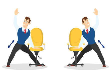 Man doing exercise for back stretch in office. Workout during the break. Stretching neck and shoulder. Body relaxation. Vector illustration in cartoon styleのイラスト素材