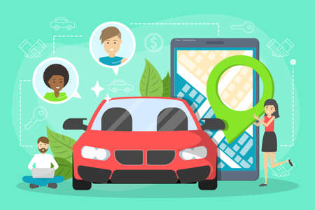 Car sharing service concept. Idea of vehicle share and transportation. Mobile application for automobile renting. Vector illustration in cartoon styleのイラスト素材