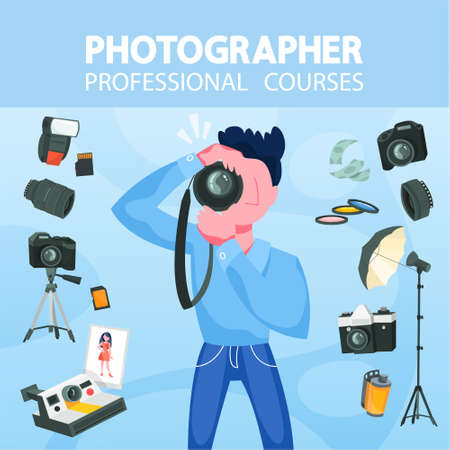 Photographer concept. Professional photographer with camera. Artistic occupation and photography...