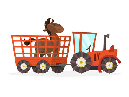 Horse standing in the cage in a red tractor. Farm animal. Carrying animal behind the fence. Isolated vector illustration in cartoon styleのイラスト素材