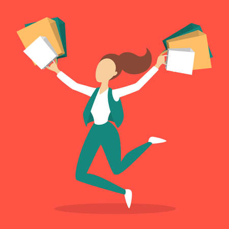 Woman holding pile of shopping bags and jumping. Shopaholic concept. Big sale and discount in the store. Purchasing everything. Isolated flat vector illustrationのイラスト素材