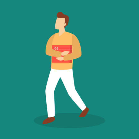 Man carrying big gift box. Person holding present with a bow. Big surprise. Isolated flat vector illustrationのイラスト素材