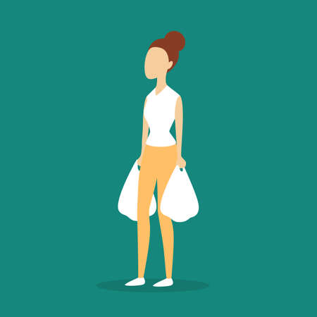 Woman holding two shopping bags. Shopaholic concept. Big sale and discount in the store. Purchasing everything. Isolated flat vector illustrationのイラスト素材