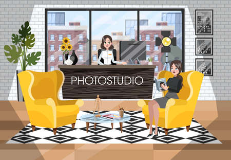 Photostudio reception interior. Woman waiting for photographerのイラスト素材