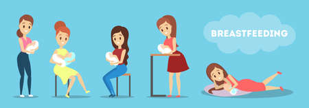 Mother breastfeeding her newborn baby set. Idea of child careのイラスト素材