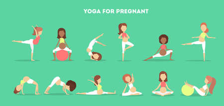 Set of pregnant woman doing yoga exercise. Pregnancy and fitness. Young female character standing in various yoga pose. Health and relaxation. Vector flat illustrationのイラスト素材
