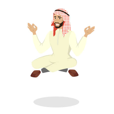 Arab businessman sitting in lotus pose. Meditation and relaxation. Muslim man in national clothes. Isolated vector illustration in cartoon styleのイラスト素材