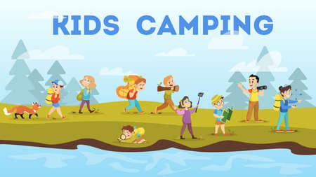 Children camping. Kids walking with the backpackのイラスト素材
