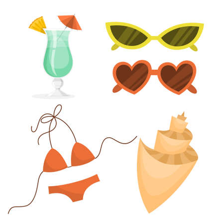 Beach set. Collection of summer vacation stuff. Cocktail, swimming suit and sunglasses. Relaxation on the sea concept. Vector illustration in cartoon styleのイラスト素材