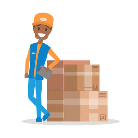 Delivery man. Courier in uniform standing at a pileのイラスト素材