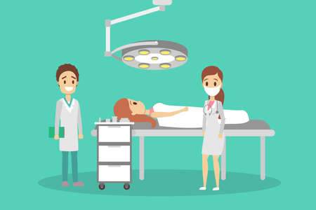 Surgery room in the hospital. Surgeon making operation to the patient lying on the bed and nurse helping. Emergency medical treatment. Isolated vector flat illustrationのイラスト素材
